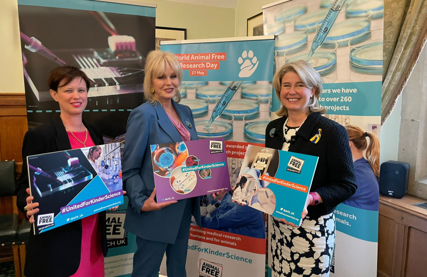 L-R Carla Owen, Chief Executive Officer at Animal Free Research UK; Dame Joanna Lumley; Anna Firth, Member of Parliament for Southend West