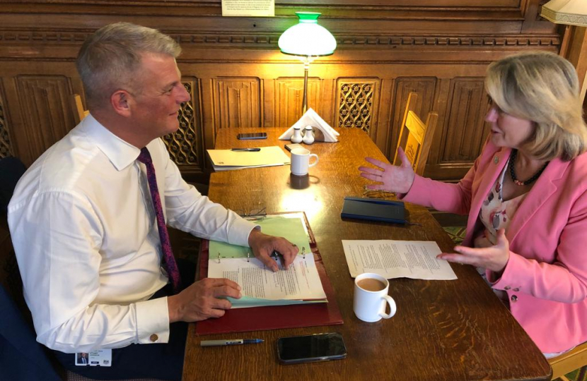 Wearing a floral spring dress and a summery pink jacket, Anna Firth meets with the Sports Minister Stuart Andrew, soberly dressed in a white shirt and tie