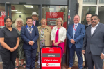 Anna Firth MP (centre) with representatives from the Post Office, SAVS, and local councillors Nigel Folkard and Bernard Arscott in front of the Post Office at 101 Broadway West, Leigh